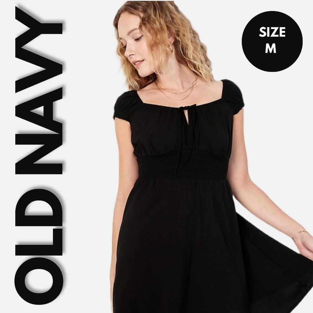 Old Navy Waist Defined Smocked Black Mini Dress Size M
